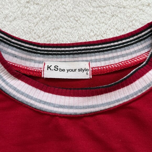 YesStyle Red Striped Sleeve & Neckline Long Sleeve Tee - Picture 2 of 3